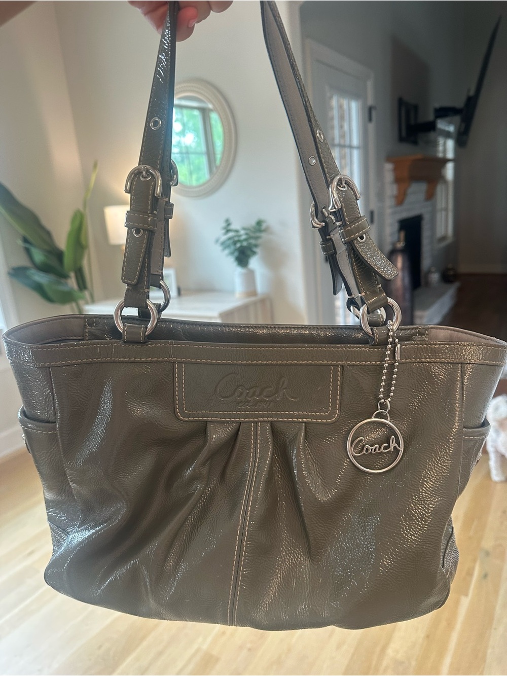 Coach Olive Taupe Leather Shoulder Tote with Logo Charm